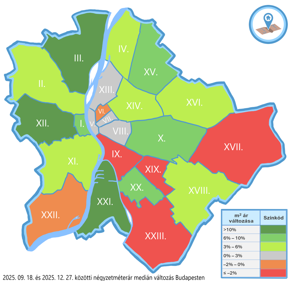 Budapest kerületi négyzetméterár változás hőtérkép 2025 szeptember-december
