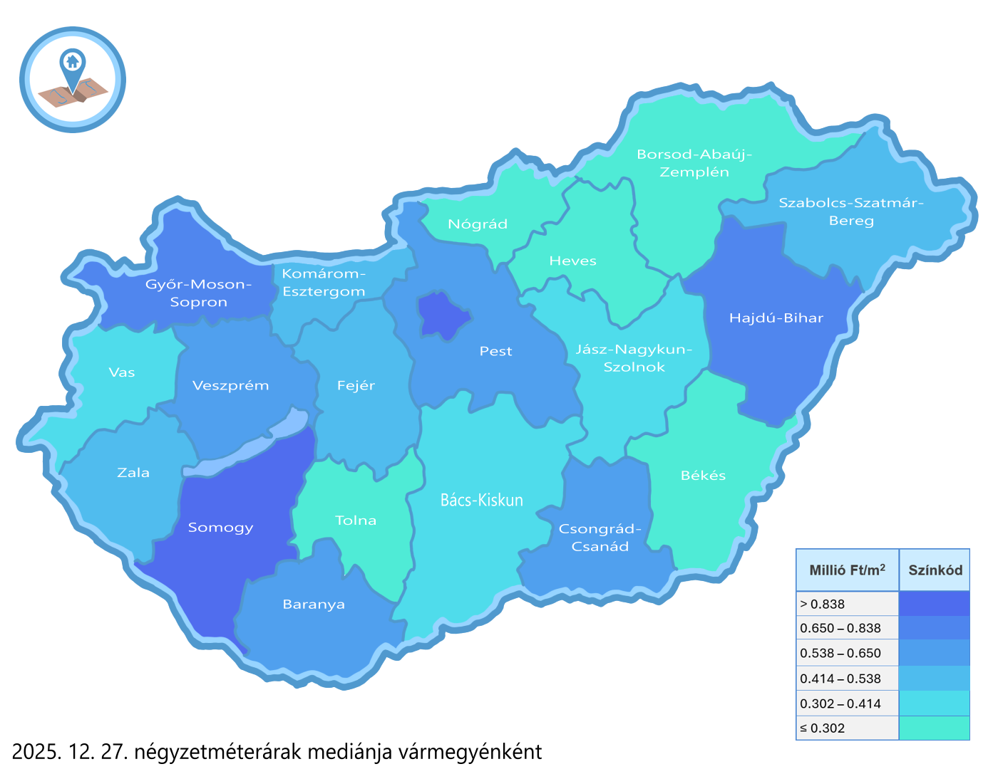Magyarország vármegyei négyzetméterár hőtérkép 2025 december – medián nm-árak vármegyénként