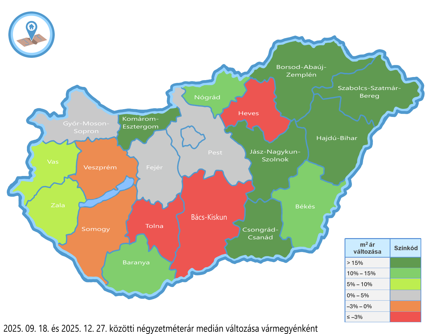 Magyarország vármegyei négyzetméterár változás hőtérkép 2025 szeptember-december
