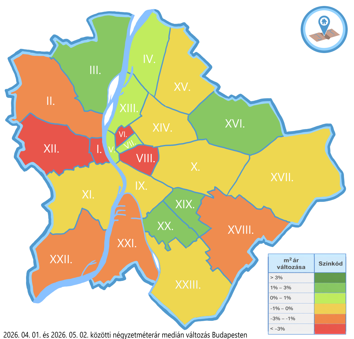 Budapest kerületi négyzetméterár változás hőtérkép 2026 márciusi–áprilisi időszak