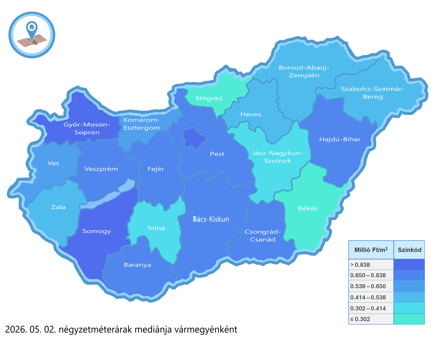 Ingatlan-Térkép Index 2026. április: Négyzetméterárak és ártrendek Budapesten és megyénként