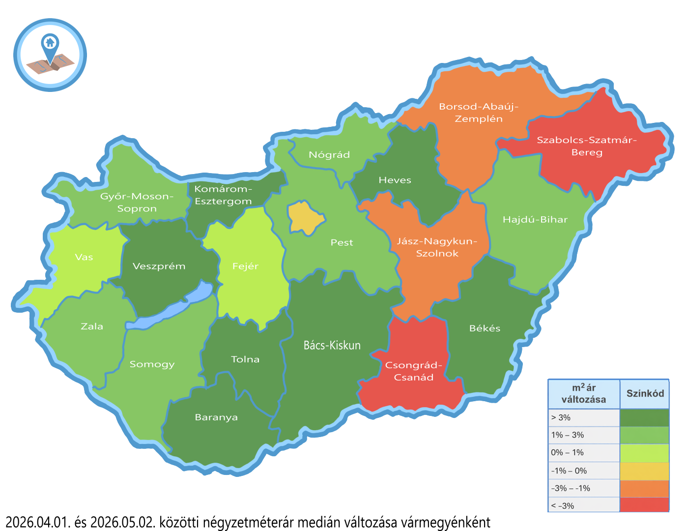 Magyarország vármegyei négyzetméterár változás hőtérkép 2026 márciusi–áprilisi időszak