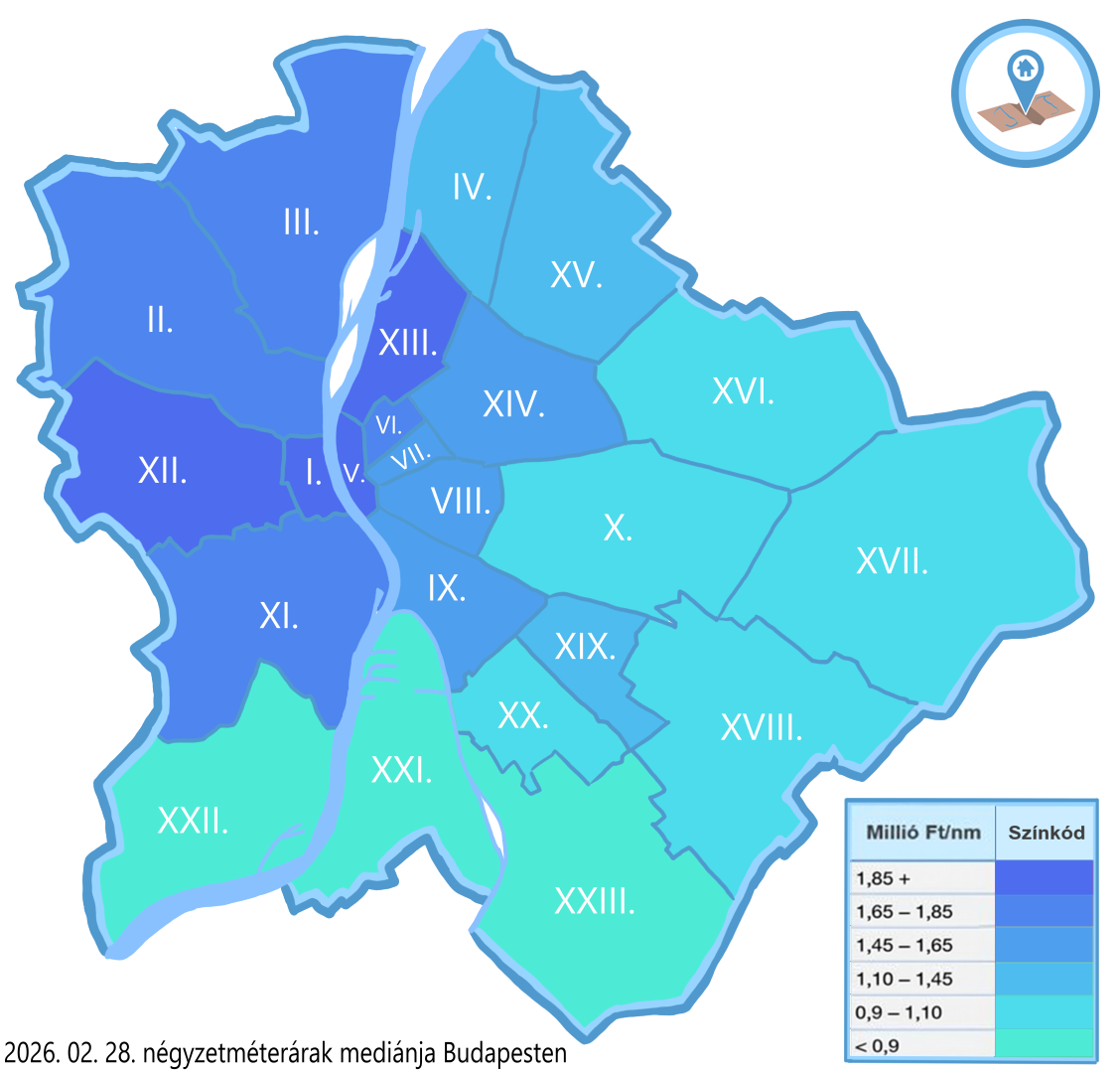 Budapest kerületi négyzetméterár hőtérkép 2026 február – medián nm-árak kerületenként