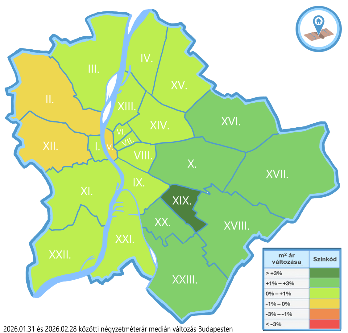 Budapest kerületi négyzetméterár változás hőtérkép 2026 februári eleje-vége