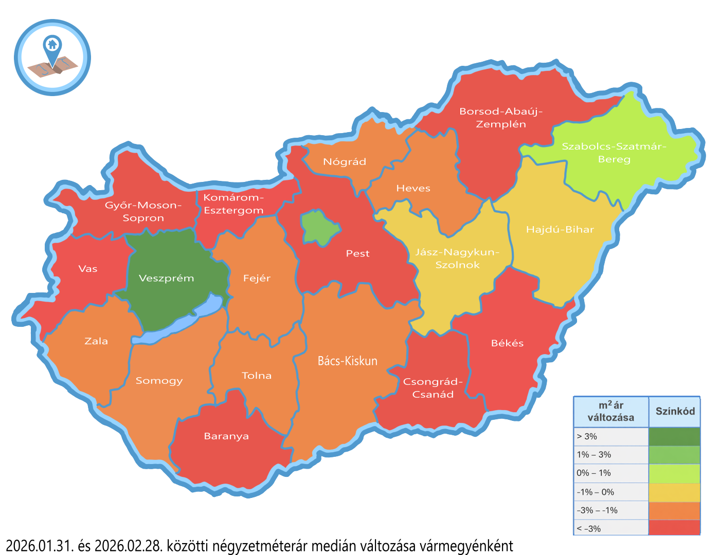 Magyarország vármegyei négyzetméterár változás hőtérkép 2026 februári eleje-vége