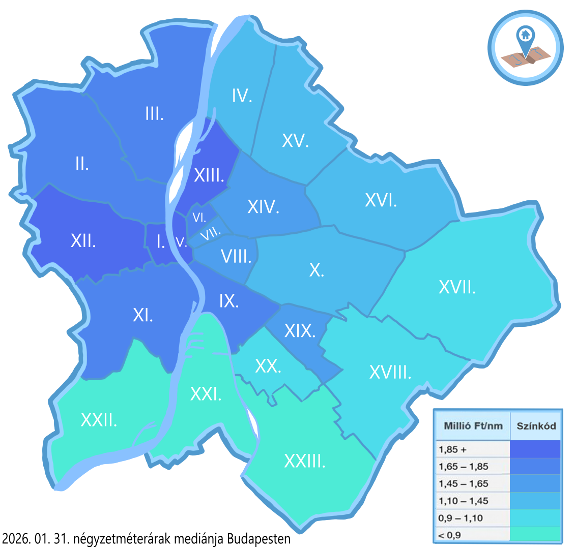 Ingatlan-Térkép Index 2026. január: Négyzetméterárak és ártrendek Budapesten és megyénként