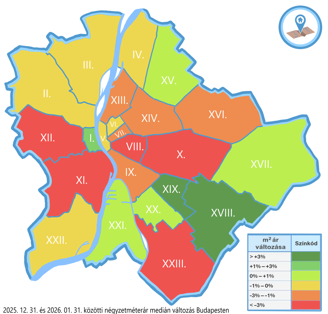 Budapest kerületi négyzetméterár változás hőtérkép 2026 januári eleje-vége