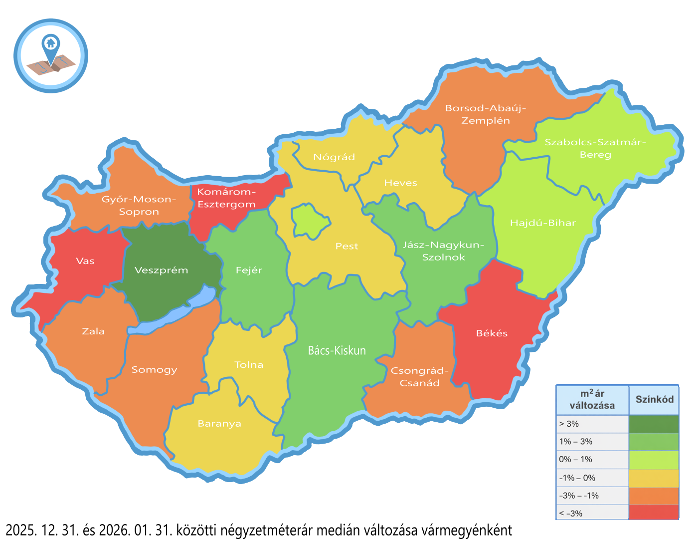 Magyarország vármegyei négyzetméterár változás hőtérkép 2026 januári eleje-vége