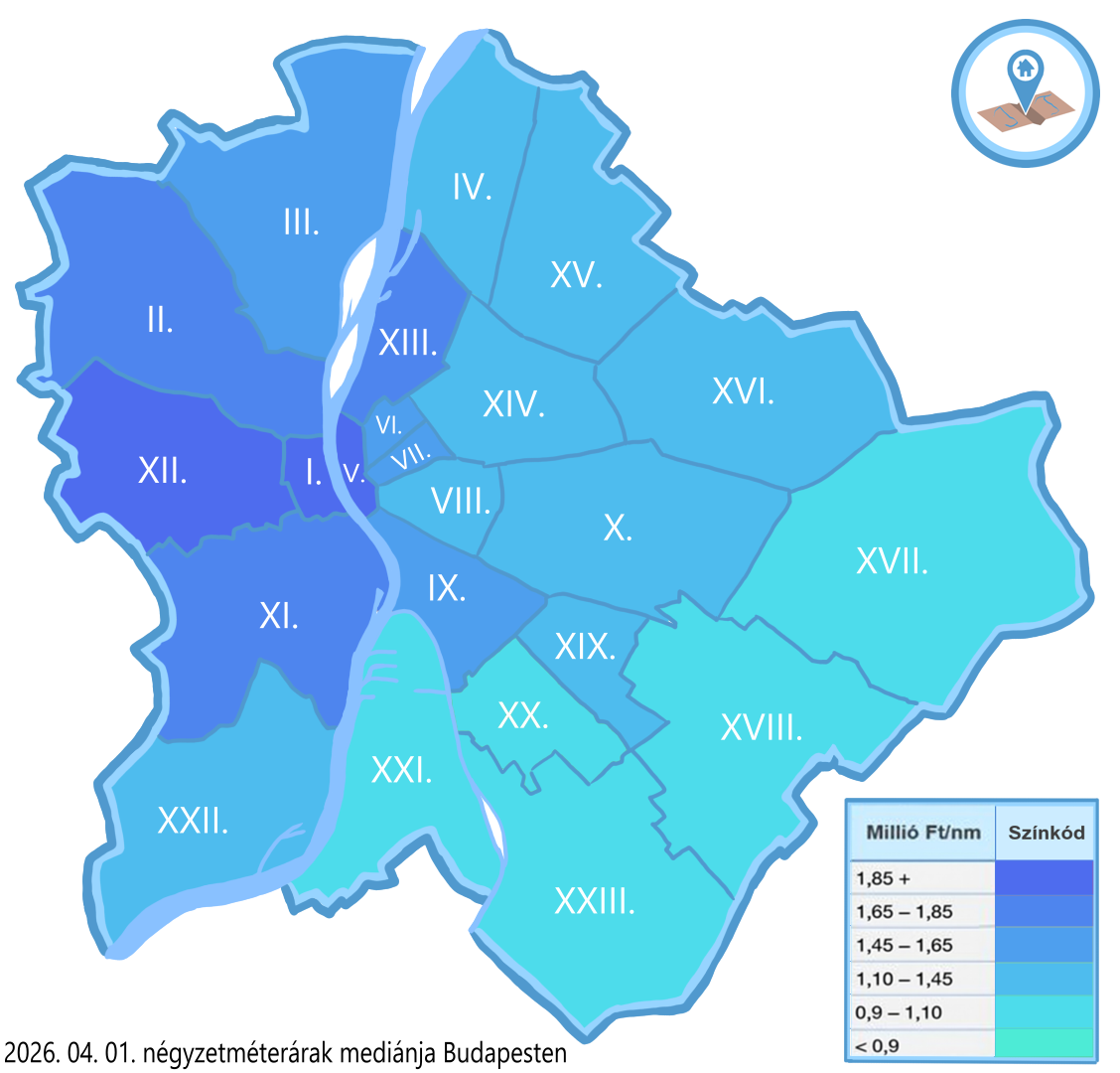 Budapest kerületi négyzetméterár hőtérkép 2026 március – medián nm-árak kerületenként