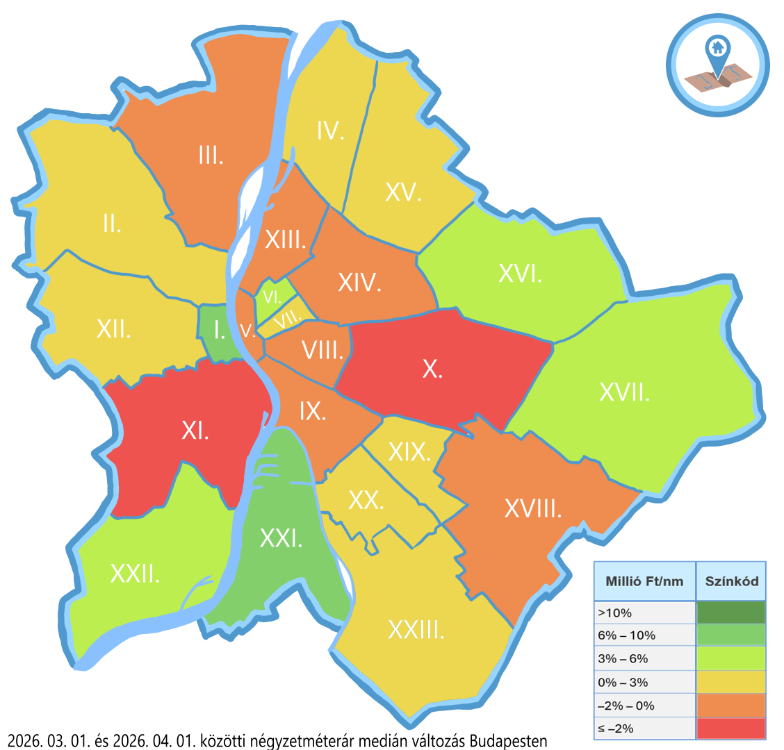 Budapest kerületi négyzetméterár változás hőtérkép 2026 februári–márciusi időszak